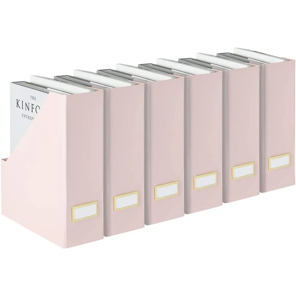 Set of 6 Foldable Pink Cute Magazine Holders with Gold Label Holders - Stylish Magazine Storage for Desk, Shelves, and Closets