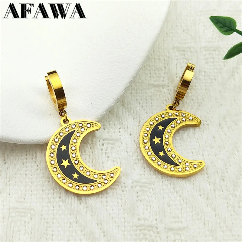 

Crescent Moon Star Hoop Earrings for Women Stainless Steel Gold Color Aesthetic Rhinestone Female Earring Jewelry EZZZ760-3