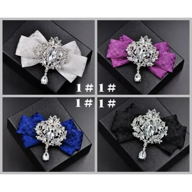 High-end Korean British Bow Tie Men\'s Business Banquet Wedding Accessories Rhinestone Handmade Bowtie Pocket Towel Brooches Set