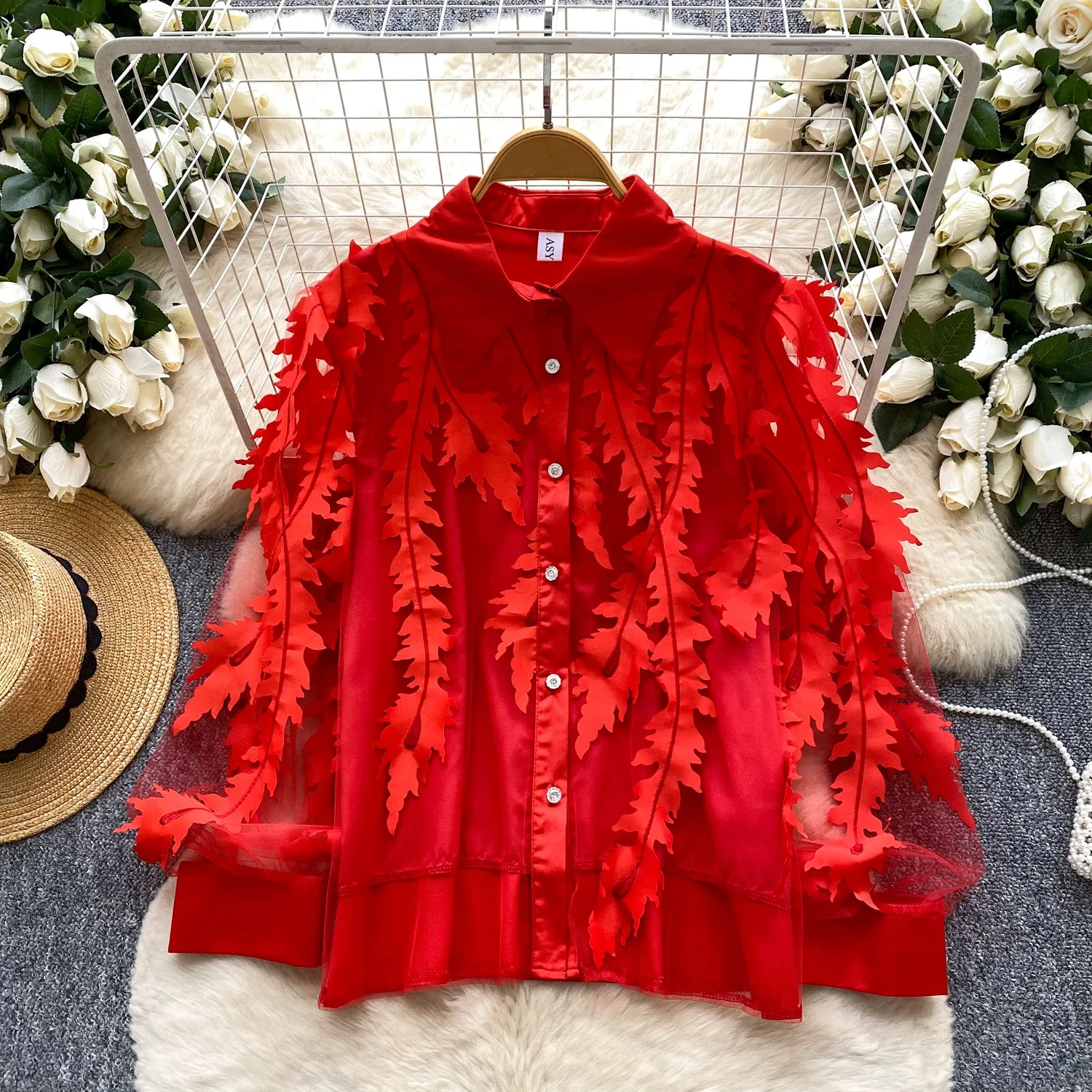 

Clothland Women Vintage Mesh Blouse Long Sleeve Candy Color Loose Shirt Female Chic See Through Tops Blusa LB388