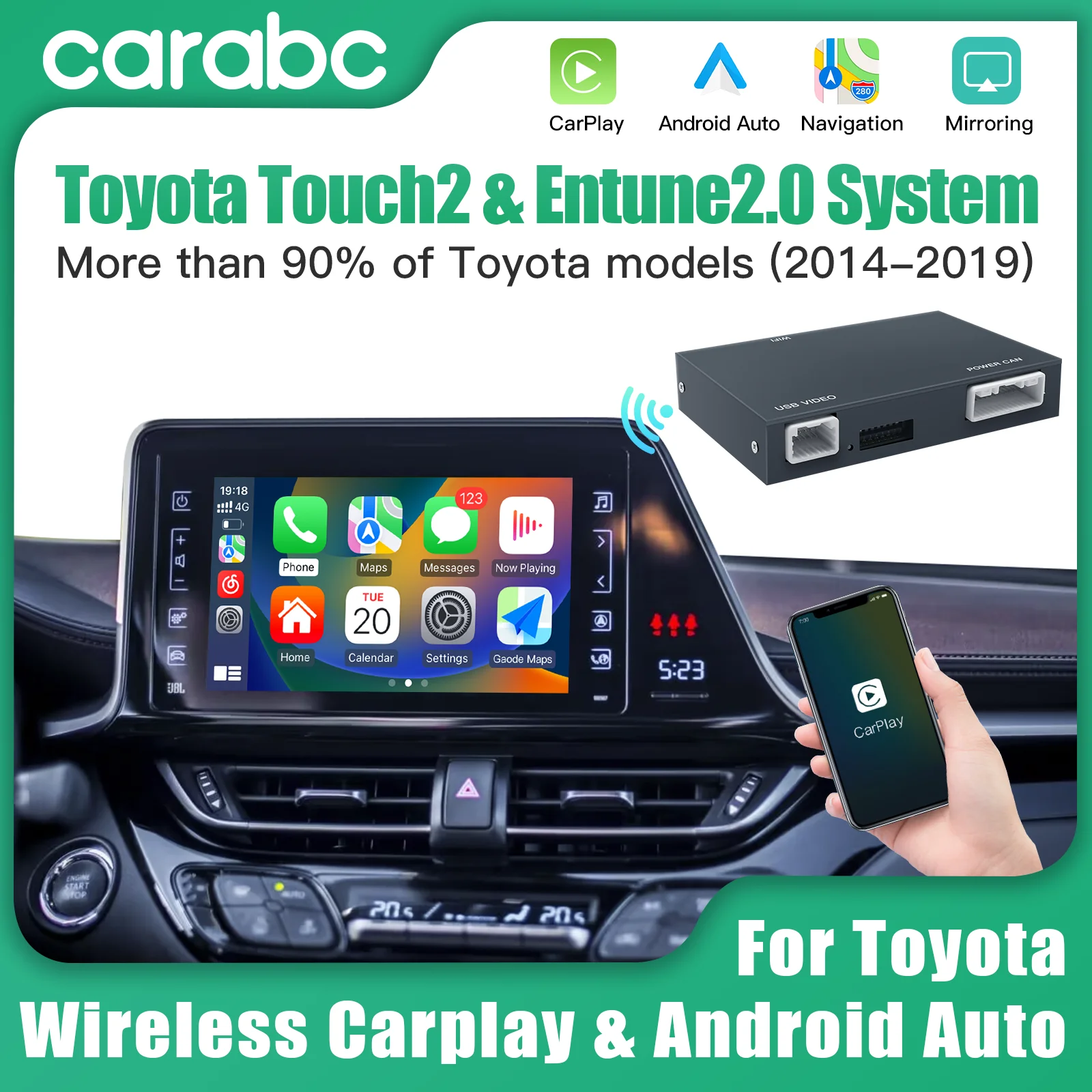 CARABC – Carplay Android Auto sans fil, pour TOYOTA RAV4 CHR Camry Corolla Tacoma Tundra Highlander Prius, Module Yaris 4runner