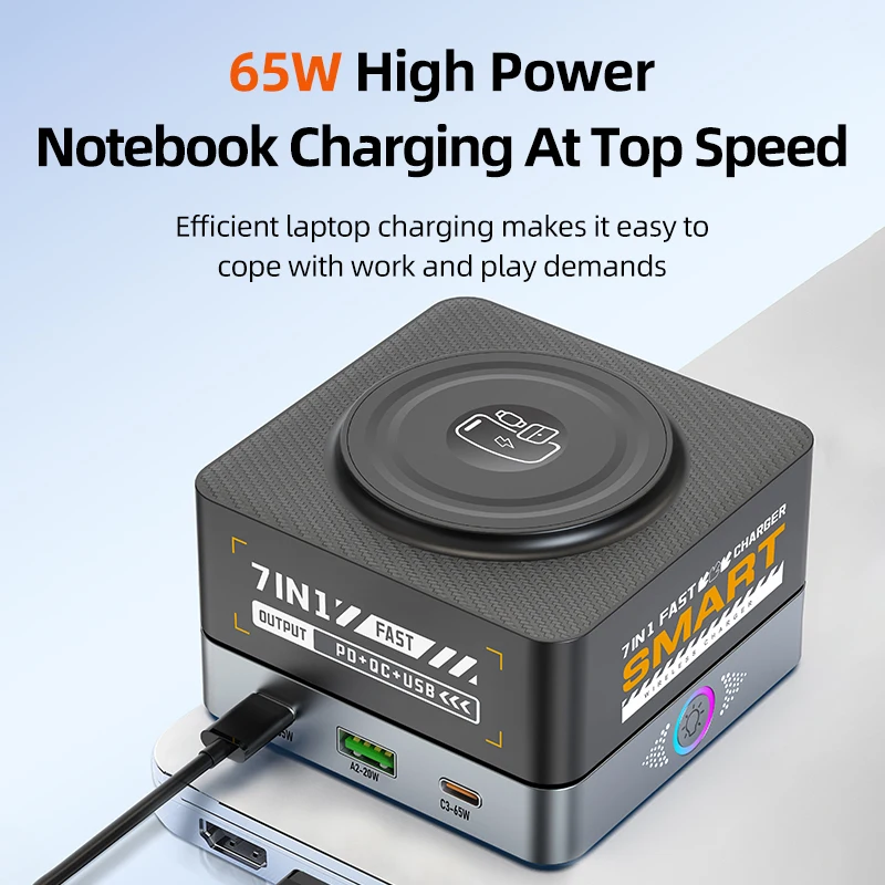 6 Ports Dekstop USB Charger Staion 15W Wireless Charging PD 65W QC3.0 Type C Fast Charger for iPhone Laptop Phone Tablet