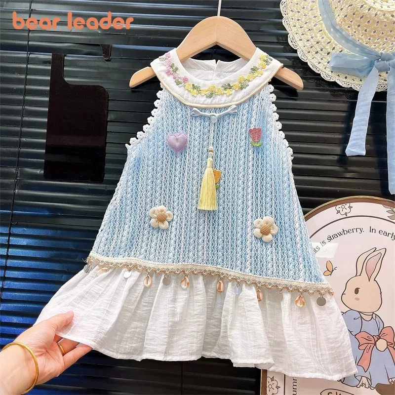 

Bear Leader Summer Splicing Sleeveless Girls Dress 3D Flower Decoration Princess Dress Beach Leisure Vacation Children's Wear