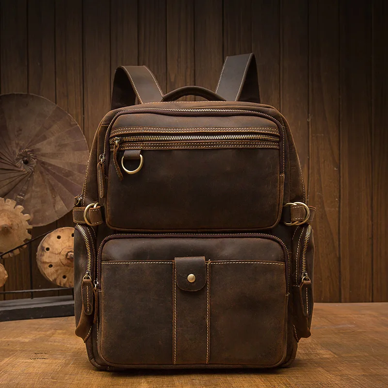 

Luxury Original Design Men's Backpack Crazy Horse Leather Travel Backpacks Male Shoulder Bag Outdoor Sport Rucksack Unisex Bolso