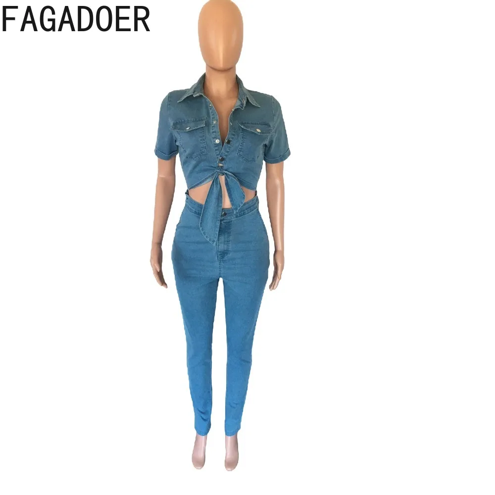 FAGADOER Fashion Bodycon Button Hollow Denim Jumpsuits Women Turndown Collar Button Skinny Pants Playsuit Female Cowboy Overalls