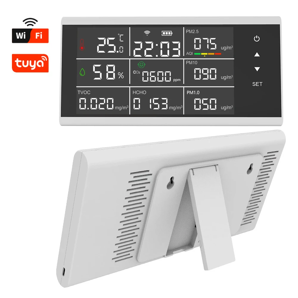 Detektor Gas Wifi Tuya Layar Besar Baru Tombol Layar Sentuh 10 in 1 Temperatur dan Kelembapan HCHO/TVOC/PM2.5/PM10/CO2