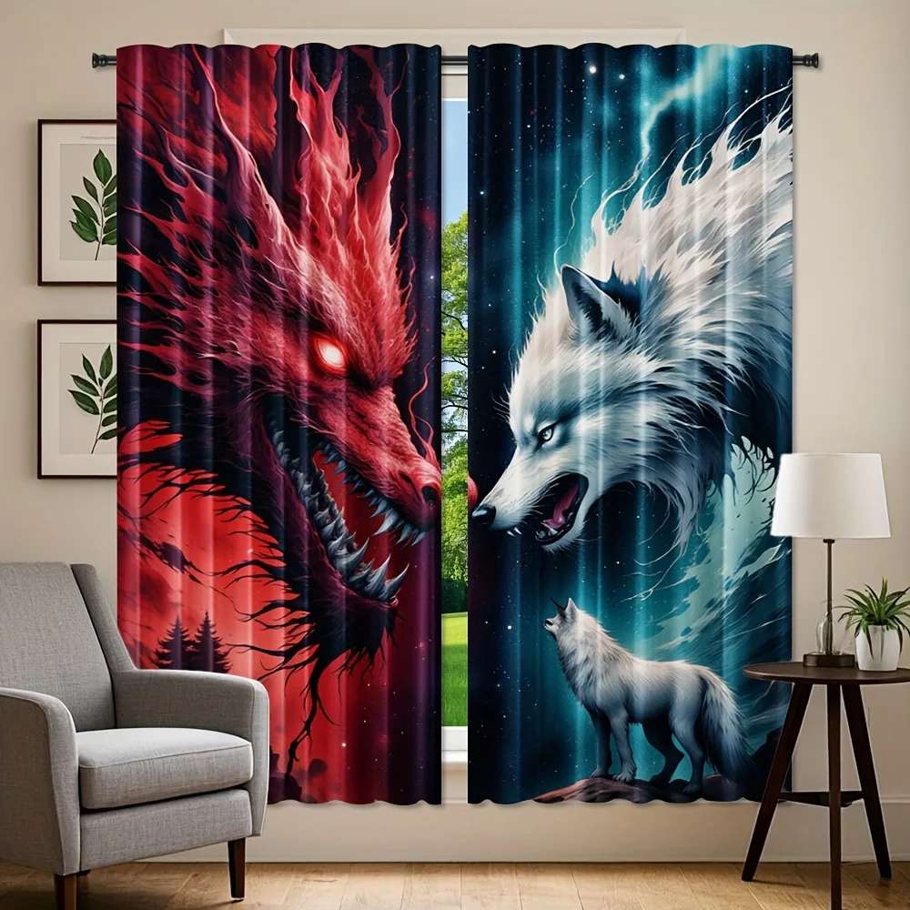 Red Demon Wolf White Ice Wolf Curtain 2 Panels, Contrast Cool Hot Wolf Galaxy Starry Sky Split Print, Drapes for Bedroom Curtain