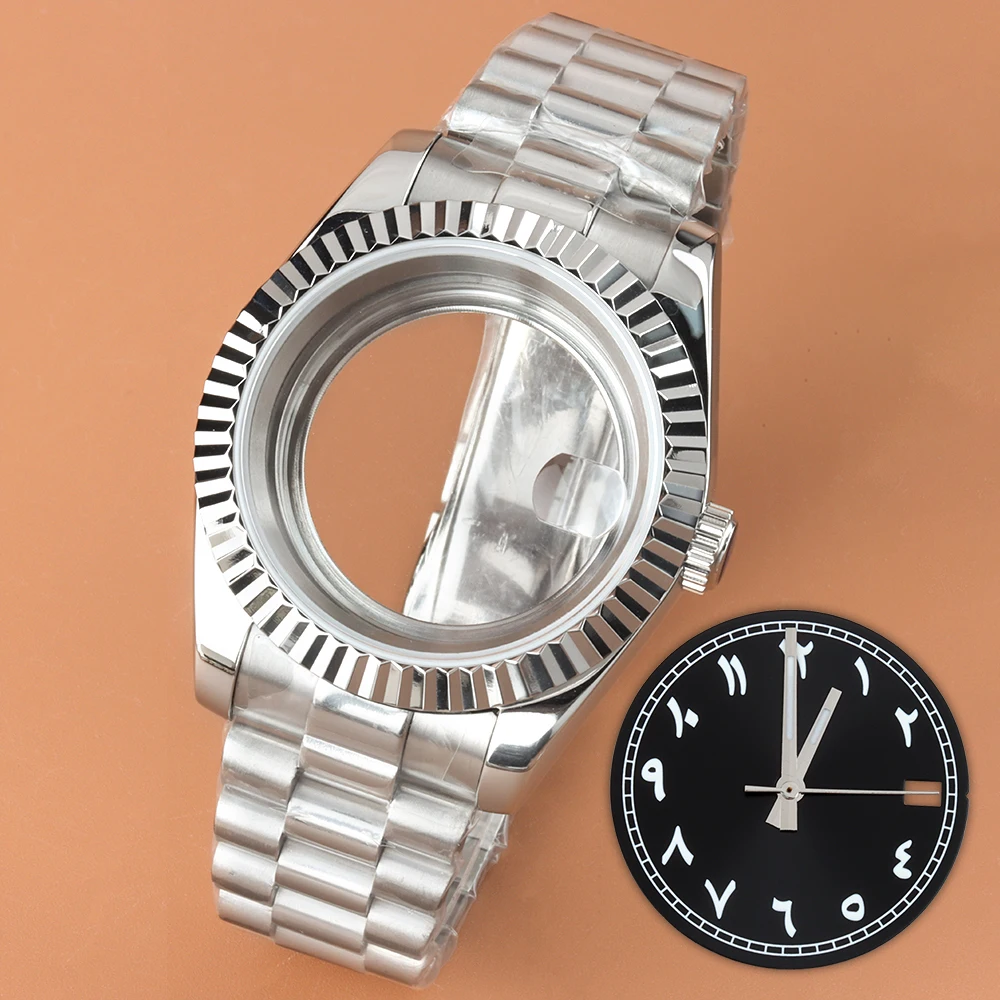 With 28.5mm NH35 Arabic Numerals Dial and Hands 36MM 39MM Watch Case For nh35 nh36 Movement Waterproof Silver Presidential Strap