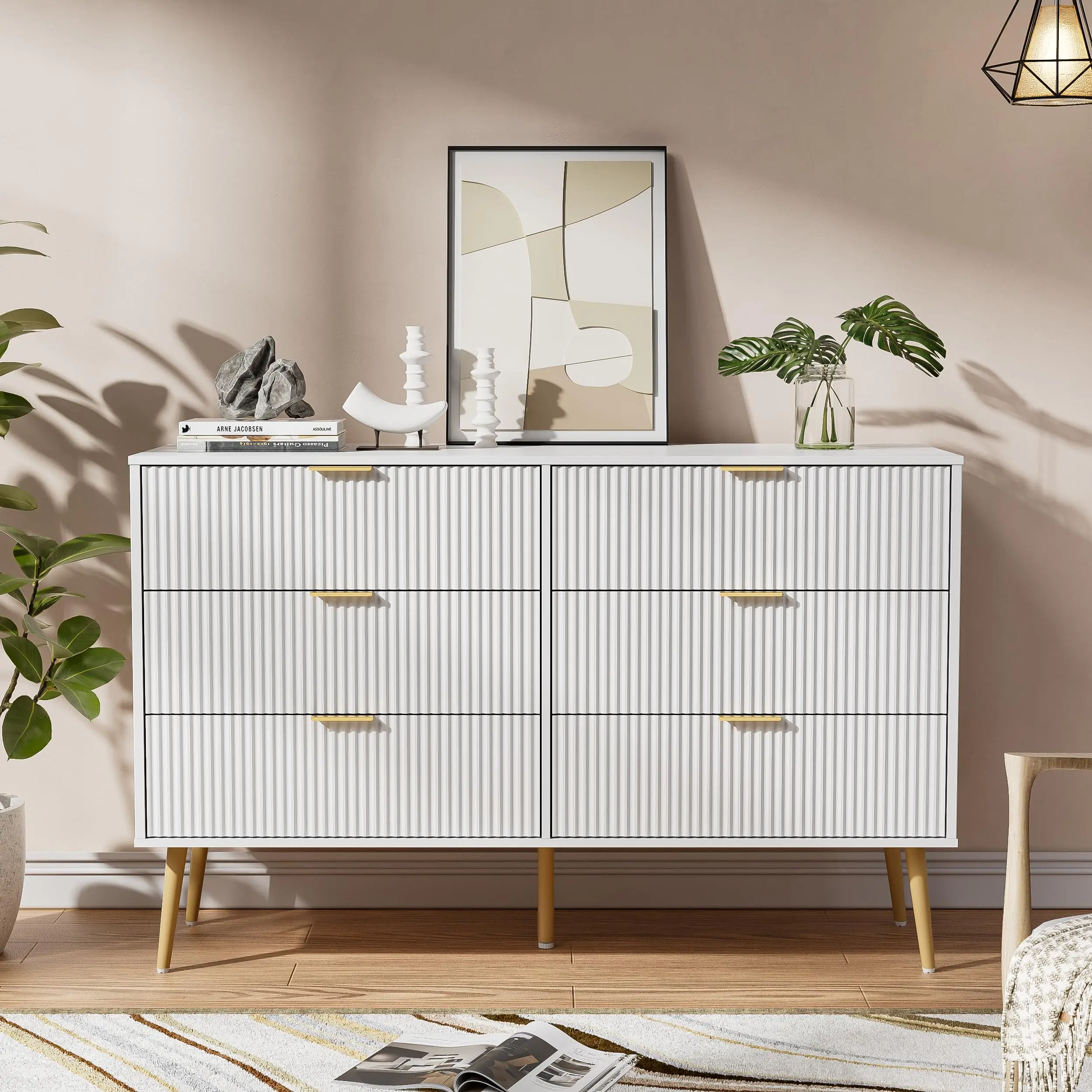 White Modern Double Dresser with 6 Drawers, Wide Dresser TV Stand for 60