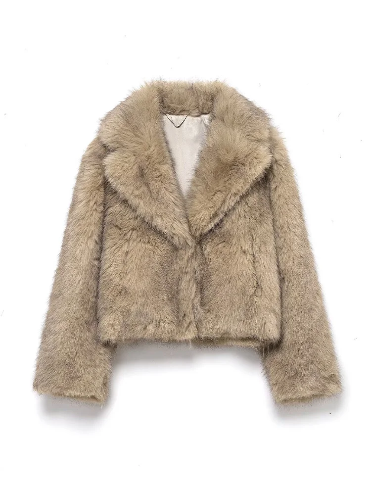 

HH Women New Fashion Faux Fur Effect Short Jacke Female Winter Lapel Long Sleeve Hidden Buckle Coat Casual Loose High Street Top