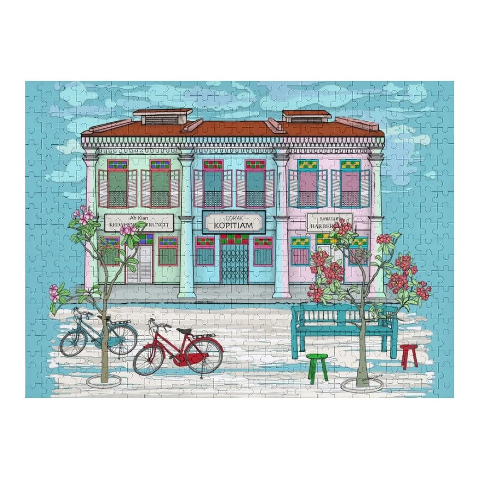 

PERANAKAN SHOPHOUSE бирюзовый пазл на заказ деревянный подарок деревянный декор картины индивидуальные подарки для детей головоломка