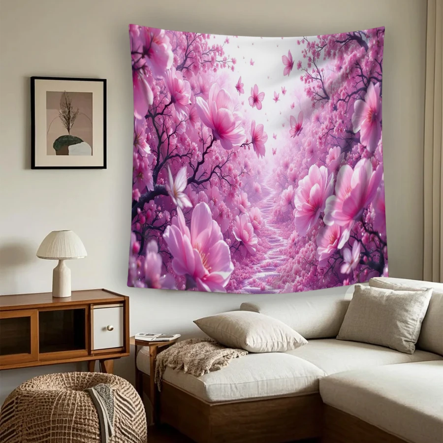 1PC Pink Cherry Blossom Art Print Backdrop Banner, Bedroom Living Room Photo Background, Polyester, Home Decor, Wall Art