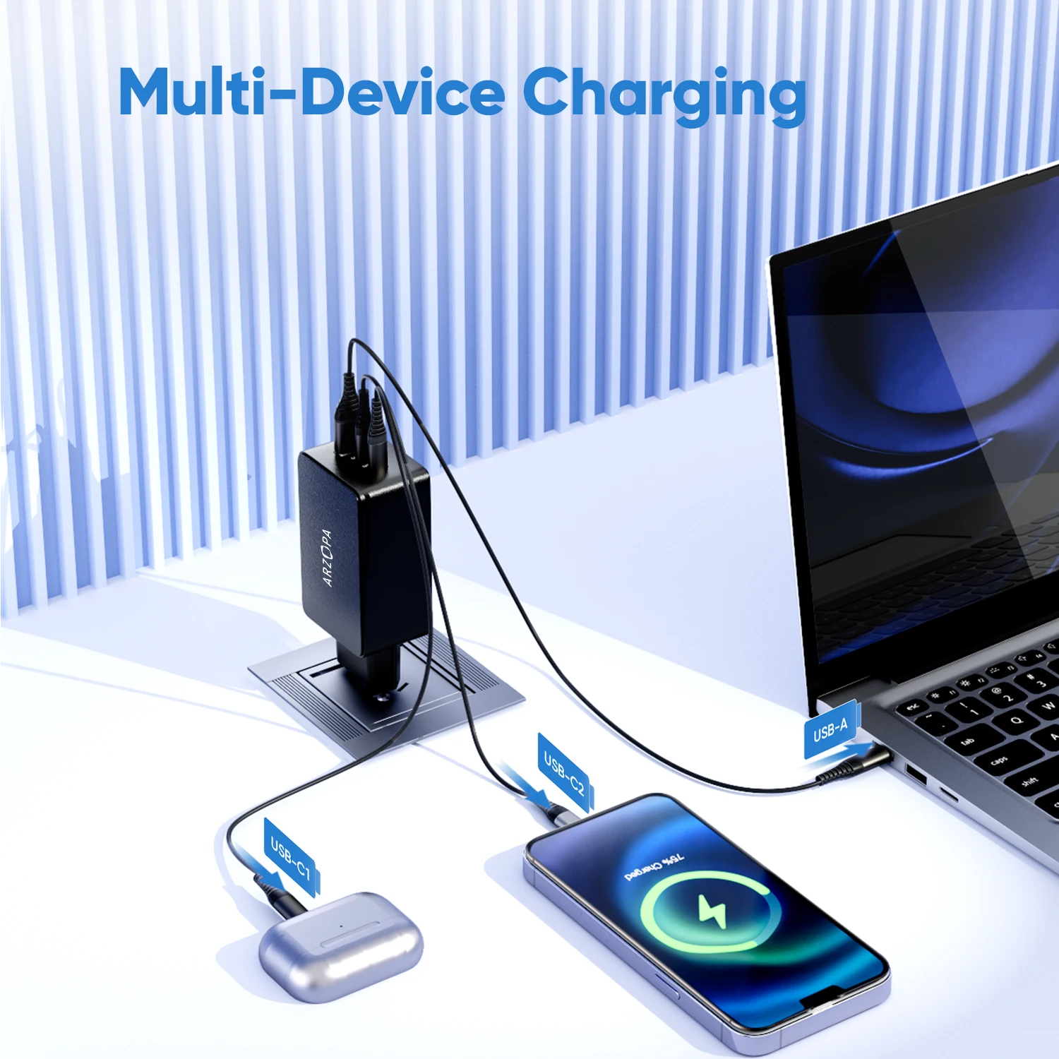 ARZOPA USB C Charger 65 W USB-C Power Supply GaN Charger 3-Port Fast Charger PPS Multiple Charger