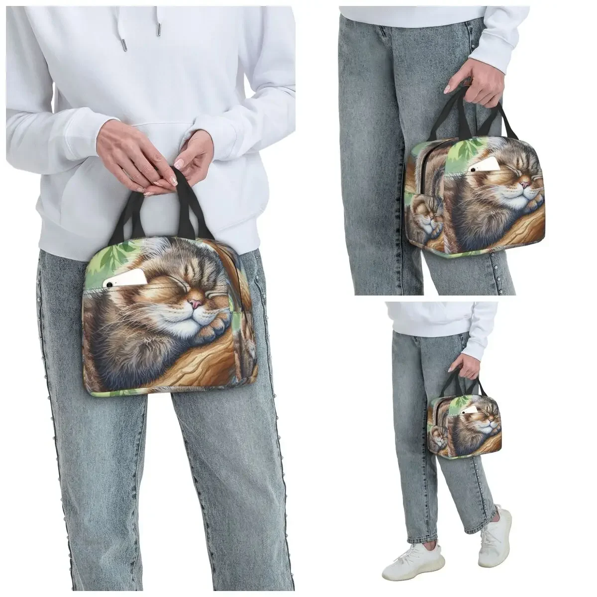 Cat Sleeps On A Tree Branch Insulated Lunch Bag for Women Office Cooler Thermal Food Box Tote Portable Lunch Boxes Container