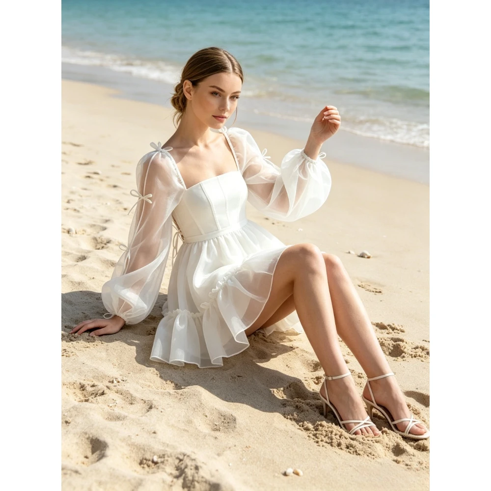 Customized Square Neck Transparent Stiff Yarn Mini Summer Wedding Dress New Fluffy Long Sleeved Layered Pleated Edge Bridal Gown