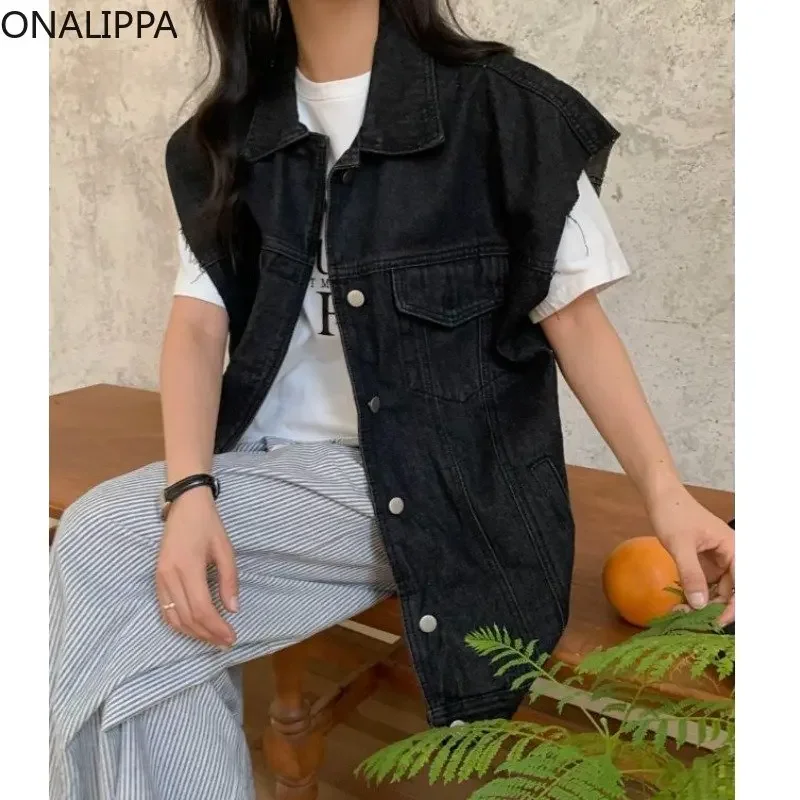 Onalippa Casual Sleeveless Denim Coat All Match Turn Down Collar Single Breasted Jean Coats Korean Chic Garment Sleeves Shirt