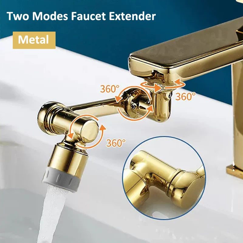 Metal Universal Robotic Arm Faucet Extender 2 Modes Tap Aerator Splash Gold 1080° Swivel Faucet Nozzle Bathroom Accessories