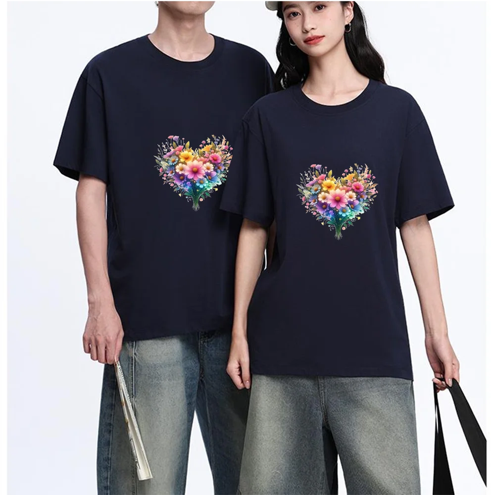 Colorful Heart Shaped Flower Bouquet Printed T Shirt Breathable Fabric S-XXL Personalized Custom Aesthetic Graphic Top Unisex Fi