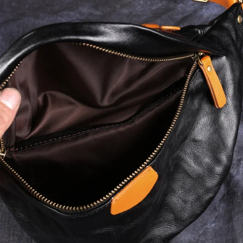 Handmade Retro Men's Chest Bag with Top-grain Leather and Casual Style