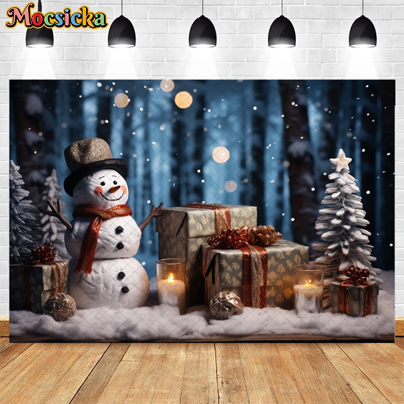 Arrière-plan de photographie de Noël d'hiver, décor de boîte-cadeau de Noël, flocon de neige, arbre de Noël, forêt, portrait d'enfants, gâteau Smash