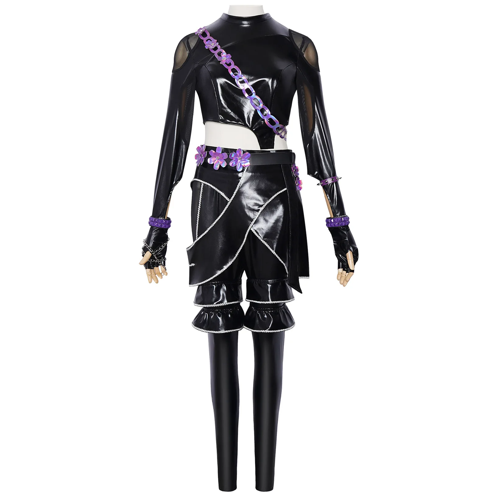 Kpop Outfits Women Black Purple PU Leather Set Y2K Cyberpunk Streetwear Sexy Mesh Patchwork Jazz Dance Performance Costume view 4