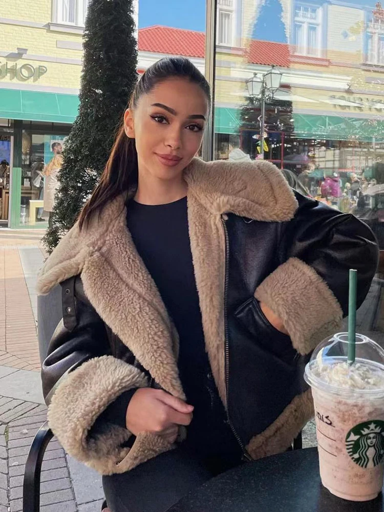 ZACK RAIN Women Fake Faux Fur Brown Jacket 2022 Autumn Winter Retro Ladies Warm Lapel Leather Outwear Loose Female Thick Coat