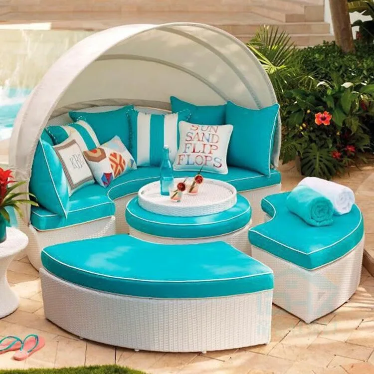 Outdoor bed, leisure pool large round bed open-air rattan creative sofa bed beach lounge chair combination
