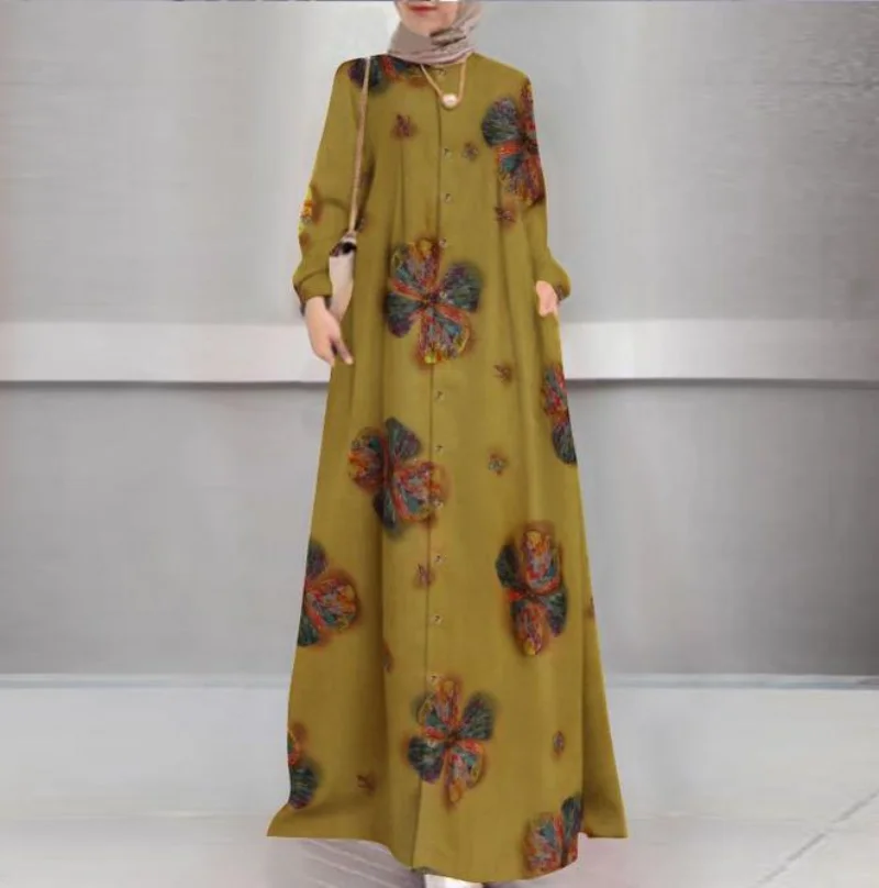 Abaya Kaftan Dress for Women, Cotton Hemp Print Robe, Muslim, Retro Long Sleeve, Islam Kaftan, Europe and America