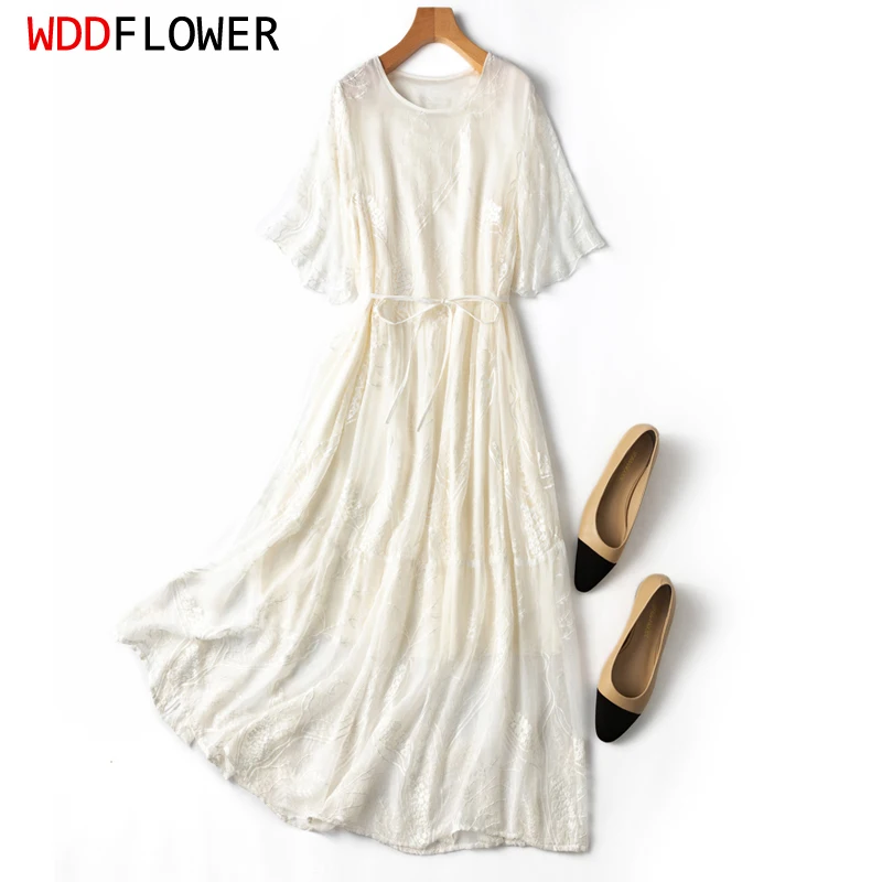 Women Silk Dress 100% Natural Silk White Embroidery O Neck Midi Dress with lining belt waist Big Hem L XL Summber MM946