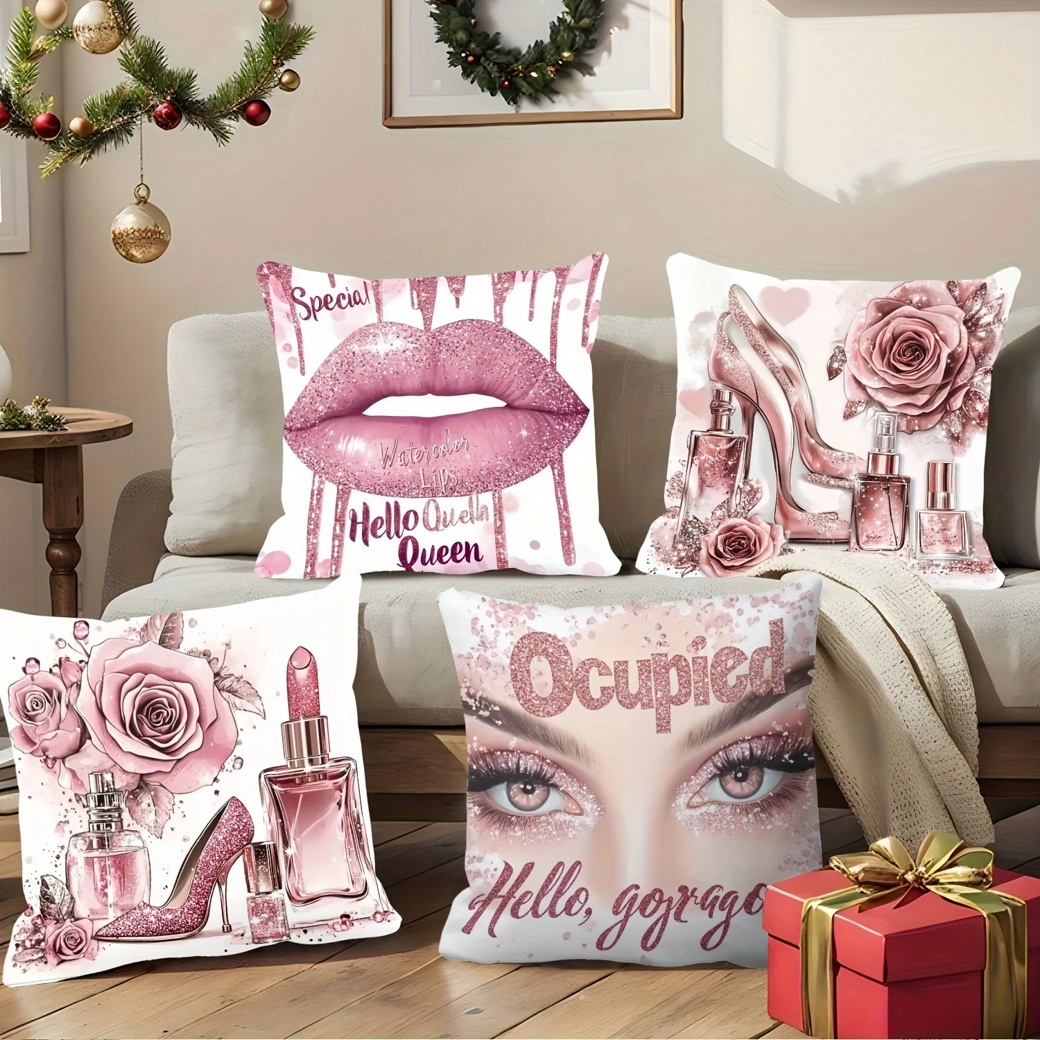Pink Lipsticks & 1Pc Women Pillowcase, Soft Cushion Cover for Sofa Bed Car Home Decor, Pillow Insert Not Included