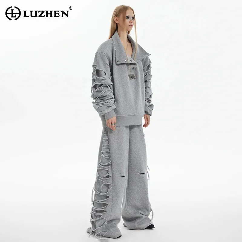 LUZHEN Sweatshirt Set Broken Hole Splicing High Collar Buckle Decorate Shoulder Pad Pullovers Coat Street Sport Men Pants LZ5827