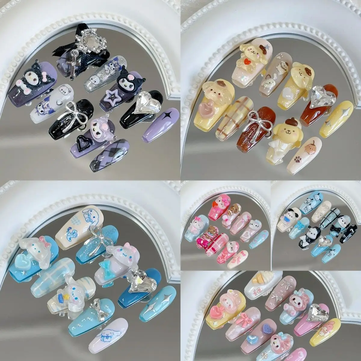 Sanrio Kuromi Melody uñas usables hechas a mano Y2K, Parche de manicura de dibujos animados de moda, manicura desmontable para niñas, regalo de cumpleaños