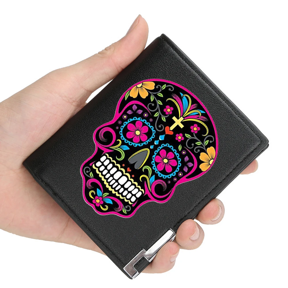 

New Arrivals Artistic flower skull classic Printing Pu Leather Wallet Men Women Billfold Credit Card Holders Short Purses