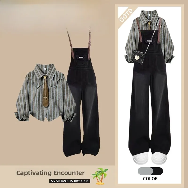 

Spring Vintage College Sle Women's Set Striped irt High Waist Slimming Denim Overalls Two-Piece Set Faionable Workwear
