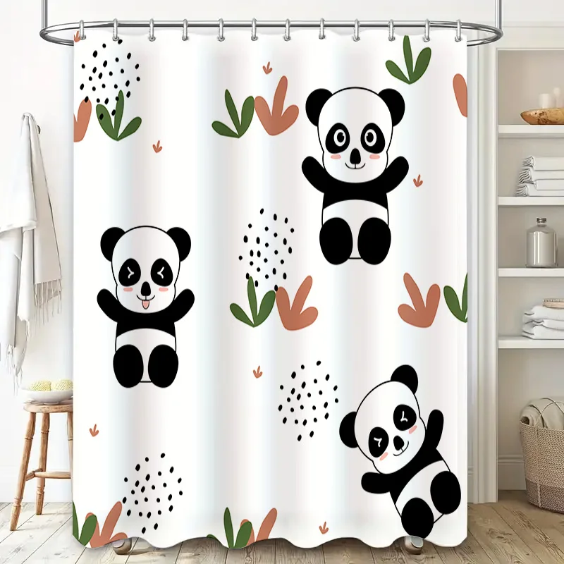 Cute Panda Bear Print Shower Curtain Kids Bathroom Decor Waterproof Fabric Bath Mat Sets White Floral Design Home Decoration (48