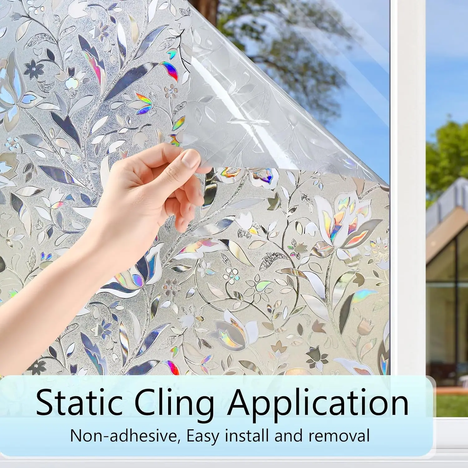 Window Privacy Film 3D Stained Glass Tulip Static Cling Sun Blocking UV Heat Control Reusable Decorative for Home Office Door