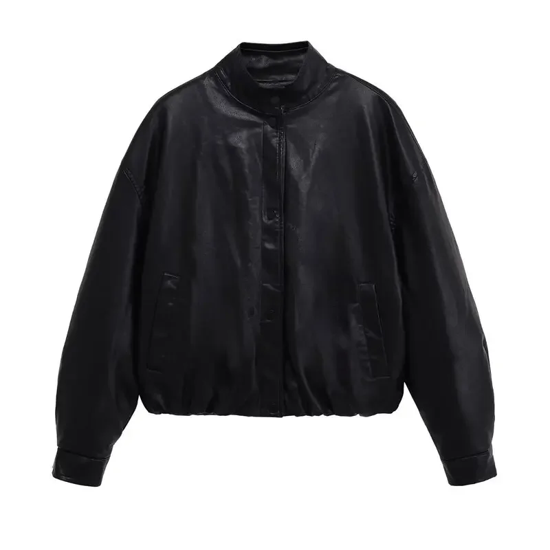 

Women's New Autumn 2025 Outerwear ort Coat Button Closure Long Sve Loose High Collar Faux Leather Pilot