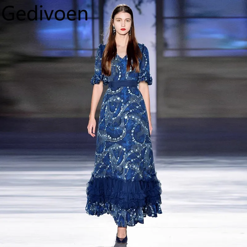 

Gedivoen Comfortable Temperament Short Sleeved Pleated Waistband Mesh Ruffle Edge Printed Long Dress