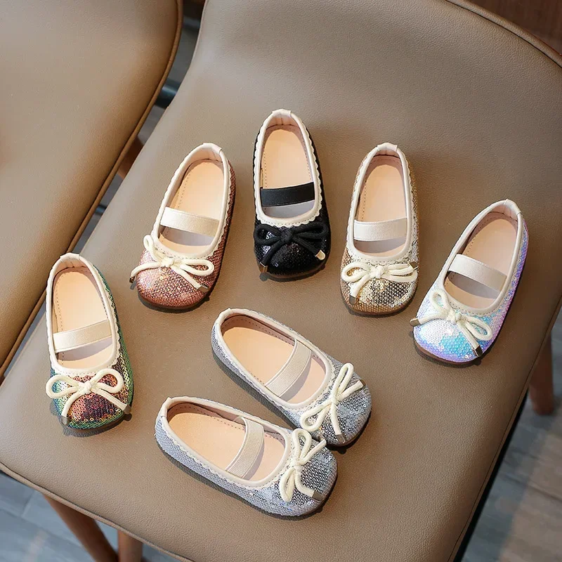 Girls Leather Shoes 2026 Brand New Kids Dress Shoes for Wedding Party Bling Glitter Flat mary janes Bow-knot Shoes Kids 21-30
