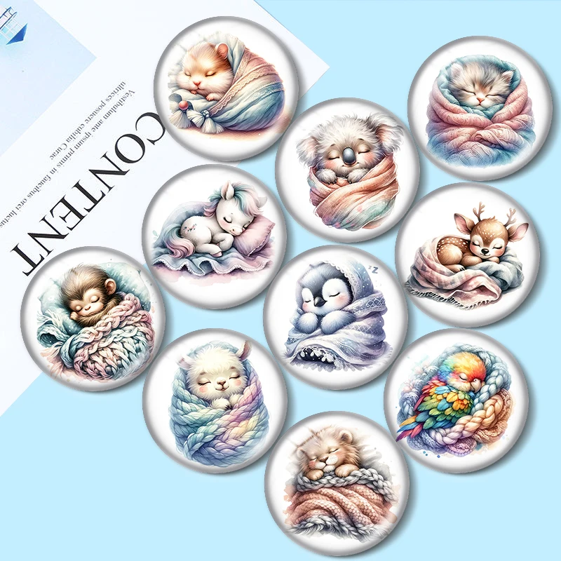 Whimsical sleeping baby animals 12mm/16mm/18mm/25mm Round Photo Glass Cabochon Demo Flat Back Making findings