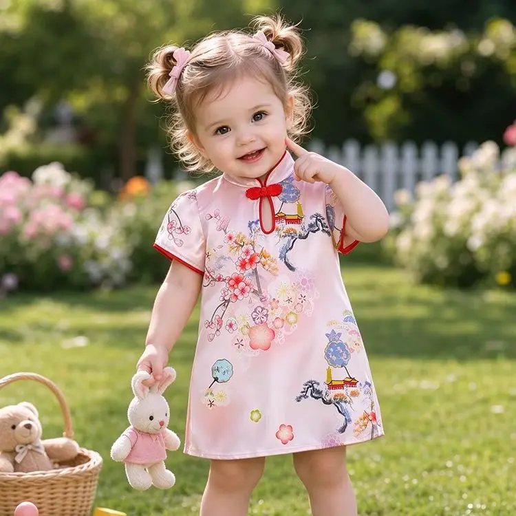 Chinese Style Children Cheongsam Newborn Soft Thin Peach Blossom And Lotus Dress Lovely Baby Girls Dresses Toddler Kid Costume