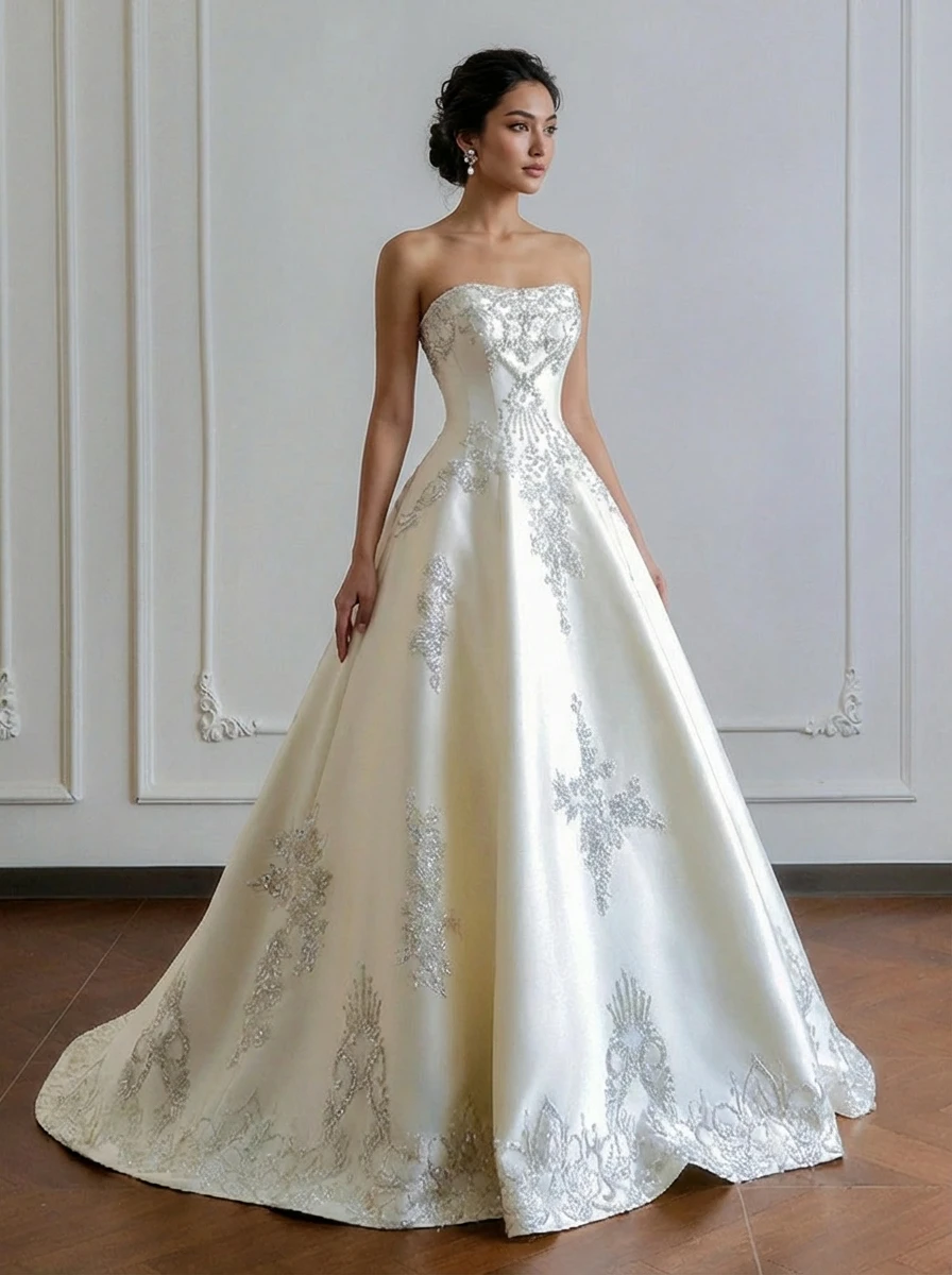 

Customized Strapless A Line Wedding Dress Satin Beaded Sequin Floral Embroidered Train Floor Length Gown for Bride 2026