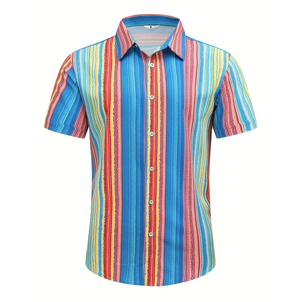 

Plus-Size Loose Shirt Men'S Stylish Colorful Striped Lapel Top Men'S Summer Hawaiian Casual Short-Sleeved Button Down Shirt