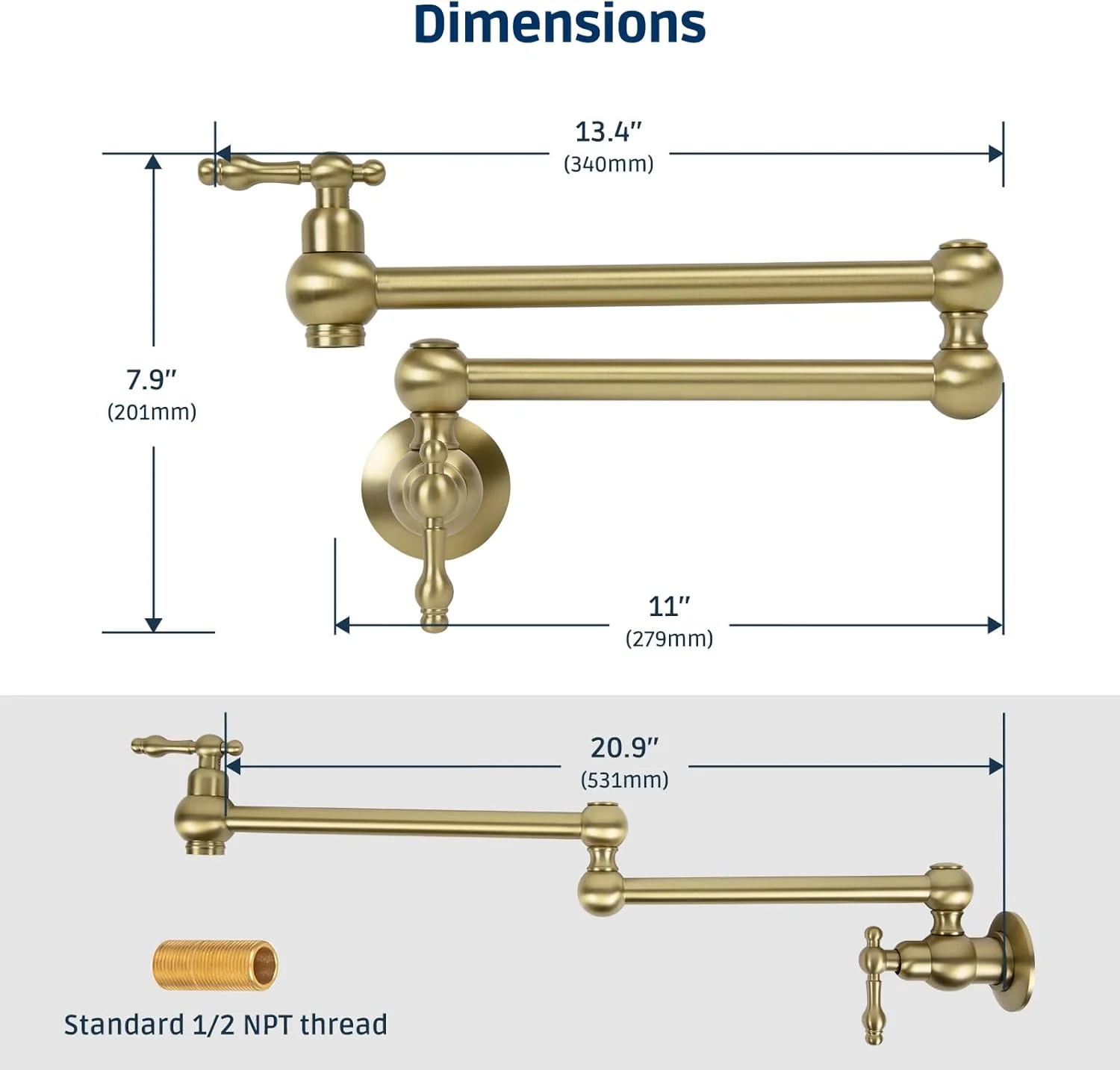 Solid Brass Wall Mounted Foldable Kitchen Faucet Brushed Gold Pot Filler Faucet Double Joint Cold Water Balcony Taps