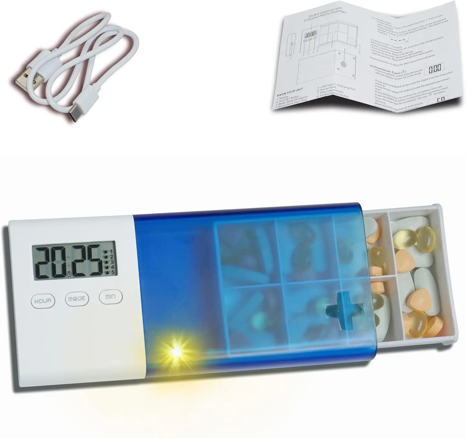 

Портативный органайзер для таблеток, звуковой мигающий свет, вибрационная сигнализация, таймер обратного отсчета, перезаряжаемая батарея, аптечка большой емкости