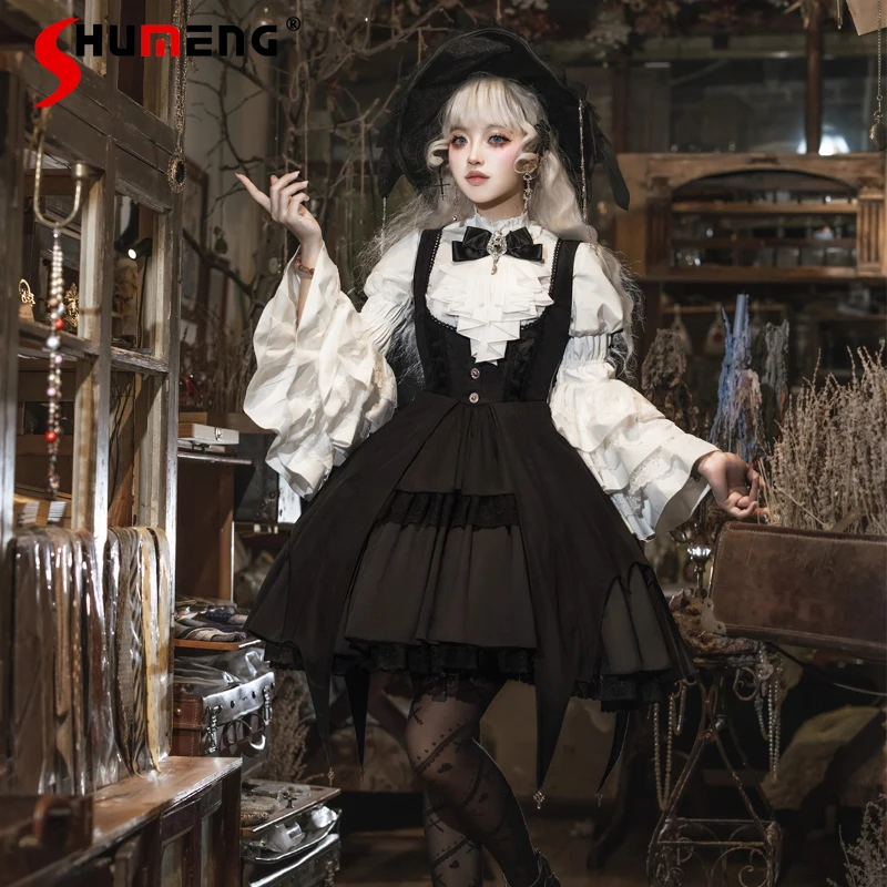 Original French Elegant Court Style Retro Strap Dress Shirt Set Autumn Women's Gothic Slim Fit Lolita Dress Halloween Cos Dress