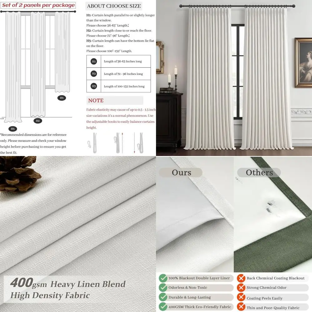 

100% Blackout Linen 96 Inch Curtains 2 Panel Set for Bedroom, Modern Pinch Pleated Natural Linen Off Beige White Insulated Heavy