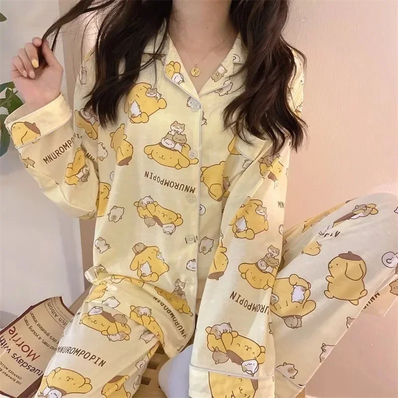 Sanrios Pompom Purin Kuromi Long-Sleeved Pajamas for Girls Autumn and Winter New Cartoon Cute Loose Trendy Home Outing Set