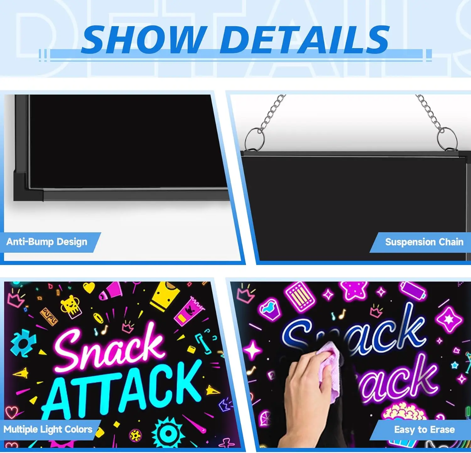 32x24 Inch LED Message Board with 16 Colors & Markers, Erasable Neon Sign for Restaurants and Holidays