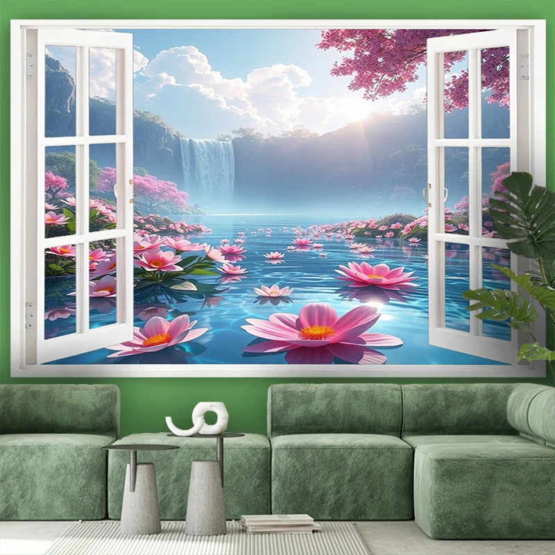 1PC Digital Print Tapestry Wall Hanging, Fake Window Lavender Field Provence Art, Nature Scenery 3D Window Wall Art Decor - view 5